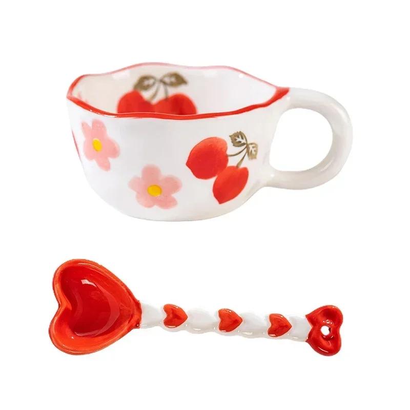 

300ML Ins Style Ceramic Mug Hand Pinched Irregular Coffee Cup with Spoon Milk Tea Breakfast Oatmeal Mug for Office Drinkware 300ML Вишня