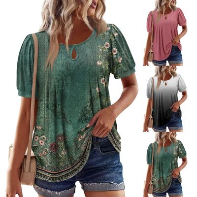 Womens Summer Tops Casual Ruffle Short Sleeve Crewneck Loose Pleated T Shirts