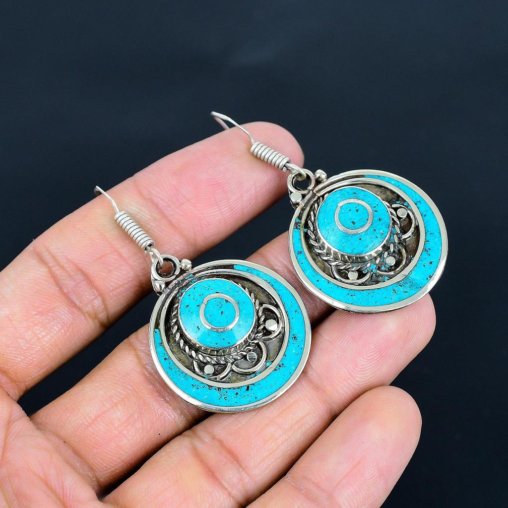 Boucles d'oreilles Turquoise Dormante Argent Sterling 925 Boucles d'oreilles Argent Tibétain Boucles d'oreilles Faites Main Bijoux Tibétains Tribaux Ethniques Pendentif Népalais Cadeaux Pour Maman