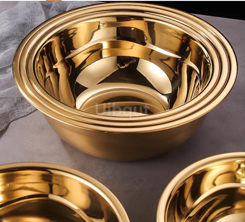 Round Stainless Steel Thick Basin Tureen Kitchen Bath Household Vegetable Wash Gold Golden Mixing Bowl Mixed Salad Big Soup Bowl