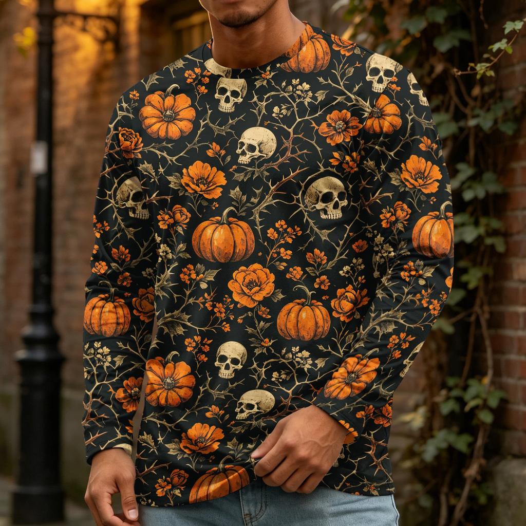 Men's Halloween Print Crewneck Long Sleeve T-Shirt for Casual Wear