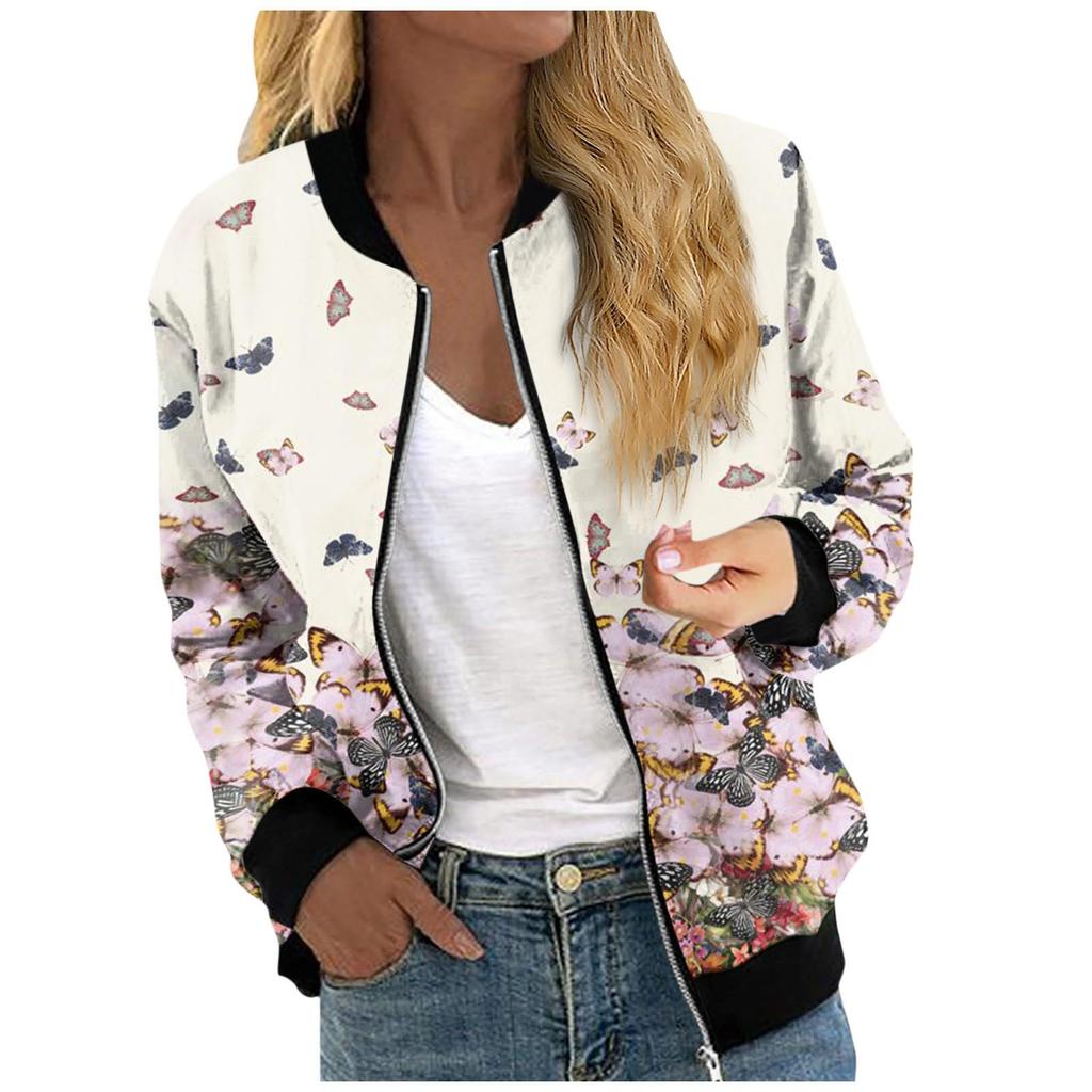 Jackets For Women Long Sleeve Lightweight Zip Up Cropped Fashion Print Outerwear Casual Quilted Jackets Whith Pockets