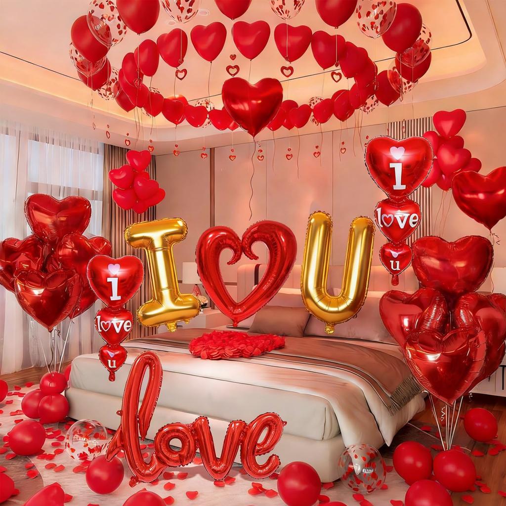 Valentine's Day Balloon Set Red Heart Balloon Simulation Petals for Valentine's Day Proposal Wedding Romantic Decor