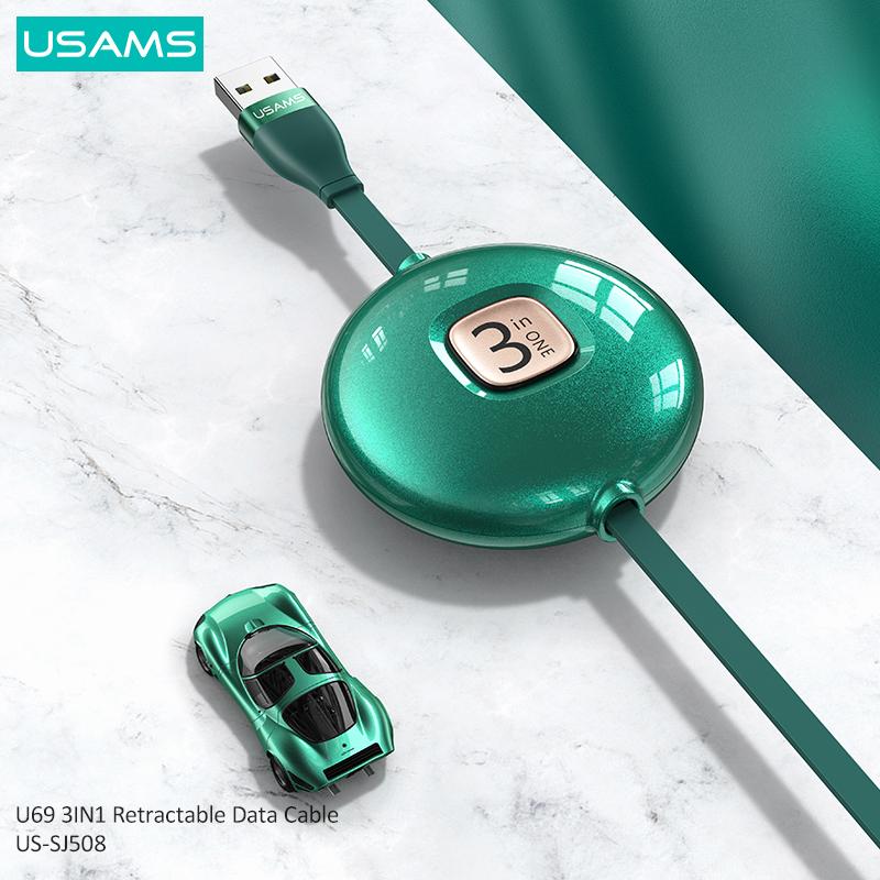 USAMS 1M 3 In 1 USB Charge Cable for iPhone Micro USB Type CData Cable Retractable Design Phone Usb Cables Phone Accessories