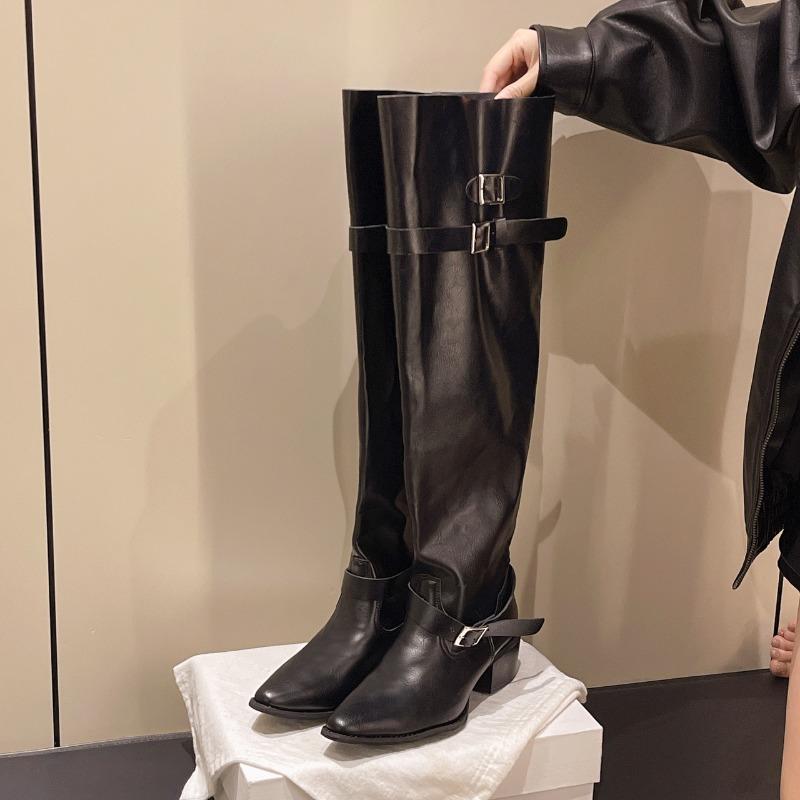 2025 New Over-the-Knee High Boots Fall Winter Pointed Toe Metal Belt Buckle Non-Slip Block Heel Stack Knight Boots