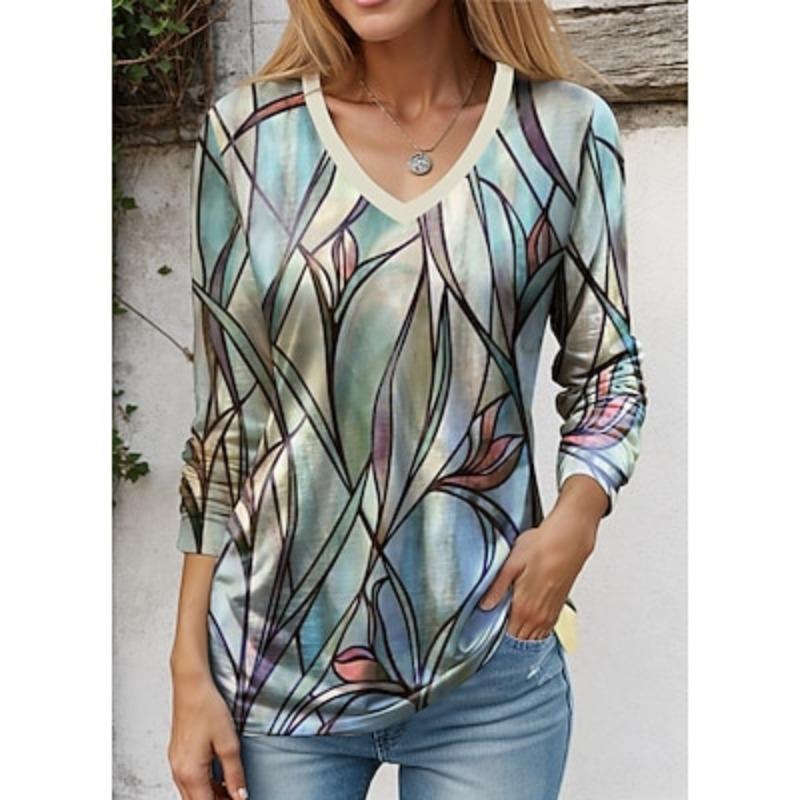 Women's T Shirt Tee Floral Animal Dragonfly Casual Holiday Pink Navy Blue Blue Print Long Sleeve Fashion V Neck Regular Fit Spring &  Fall