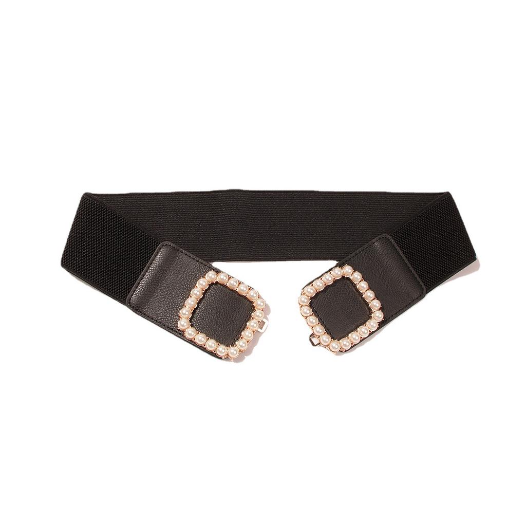 New Pearl Pair Buckle Elastic Wide Ladies Waist Seal Black Sweet and Elegant Women's Waist Belt