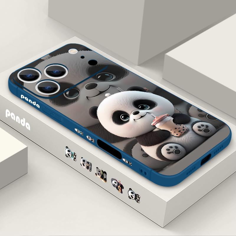 Milk Tea-drinking Panda Lanyard Case For iPhone 17 Pro Max Soft Silicone Cover For iPhone 16 Pro Max Funda iPhone 15 14 13 12 11 16E Air