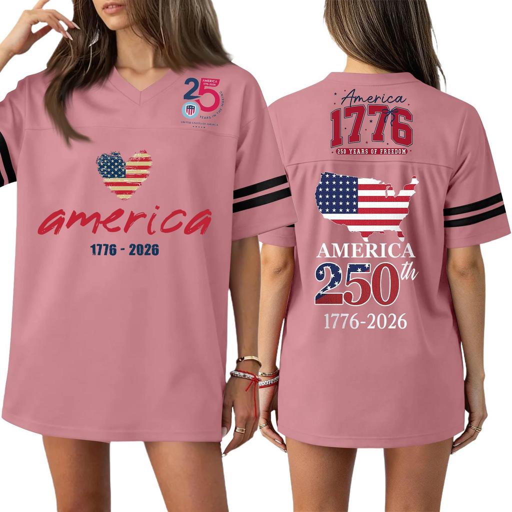 Damska Codzienna Modna Koszulka Sportowa z Dekoltem V z Nadrukiem na Dzień Niepodległości Krótkim Rękawem Top