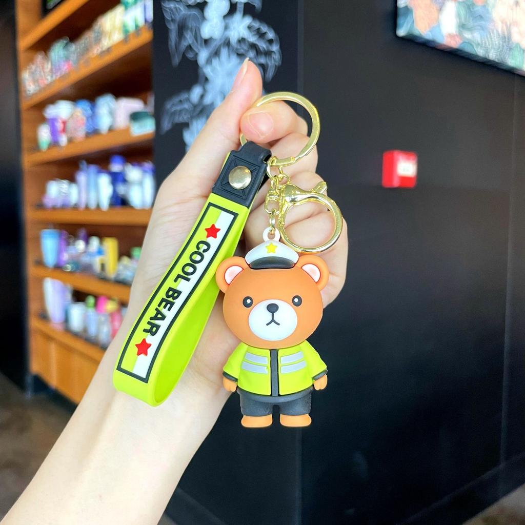 Cartoon Epoxy Traffic Police Firefighter Bear Keychain Promotional Gifts Fashion Couple Accessories Cute School Bag Lanyard