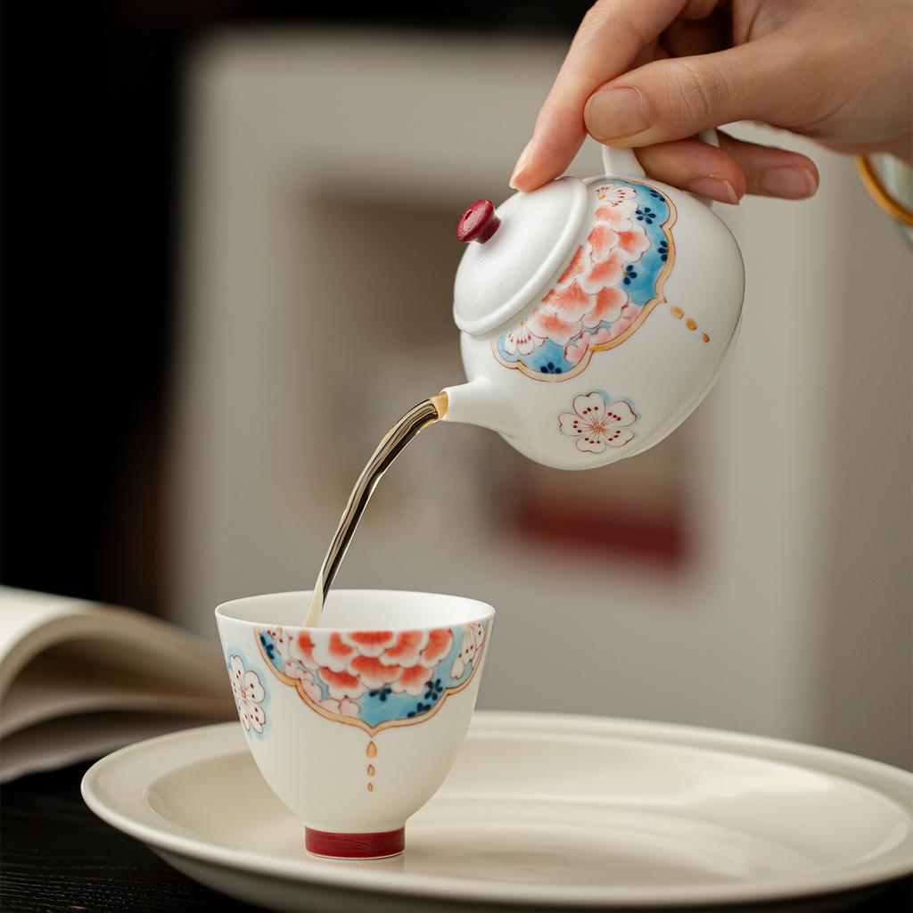 Hand Painted Ceramic Teapot White Porcelain Peony Design Chinese Kungfu Tea Set for Home Office Decor Gift Tea Lover