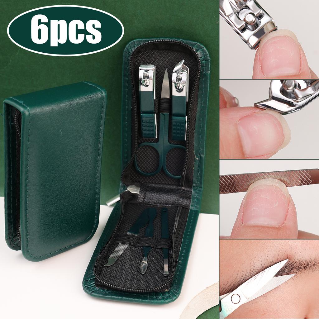 6 Pcs Portable Nail Scissors Sets Carbon Steel Green Black Nail Clippers Scissors File Manicure Beauty Tools Kit Full Function