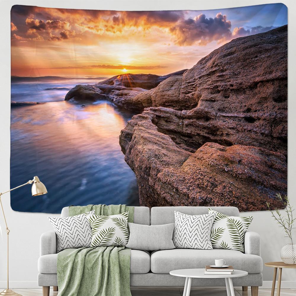 Wasserfall Abend Strand Kokospalme Naturlandschaft Wandbehang für Hauszimmer Dekoration Fenster Meerblick Wandteppich
