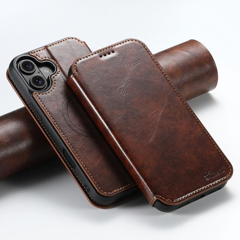 For iPhone 12 13 14 15 16 17 Pro Max Plus Phone Case Flip Card MagSafe Magnetic Wireless Charging Stand Oil Wax Leather Cover