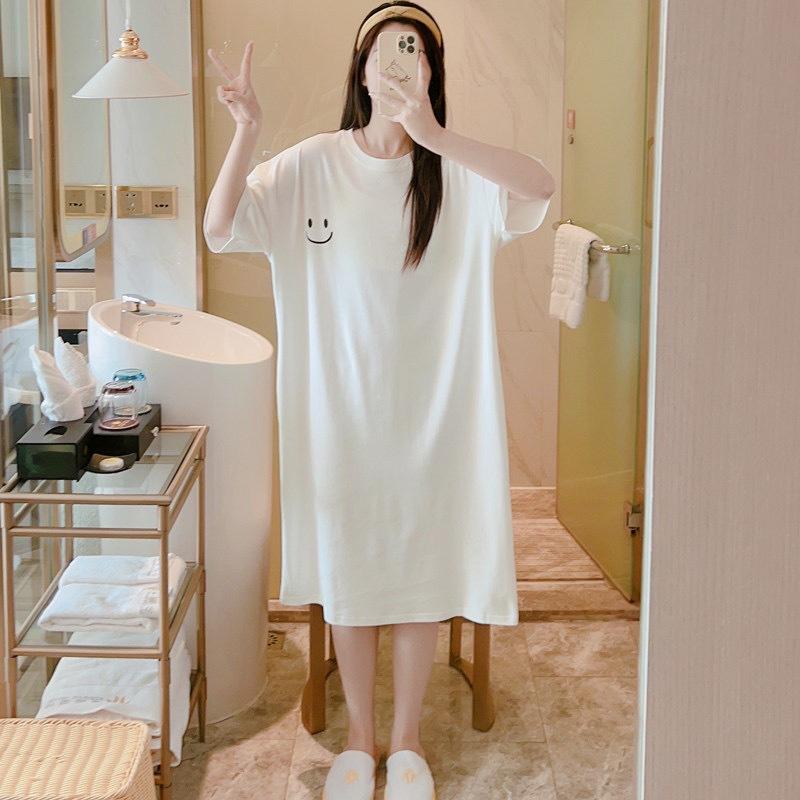 Women's Short-sleeved T-shirt Slit Dress Summer Mid-length Over The Knee Casual Dress Large Size Meat Mask Smiling Face Dress