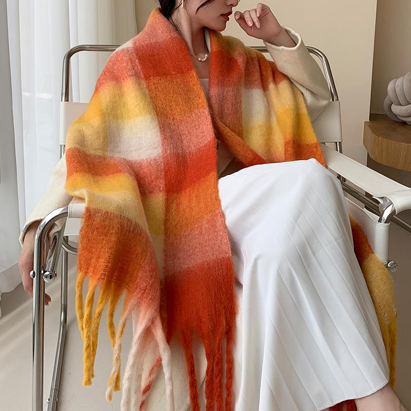Winter New Scarf Women's Winter Thickened Warm Scarf Colored Plaid Fringed Scarf Shawl Fashionable Outer Cover
