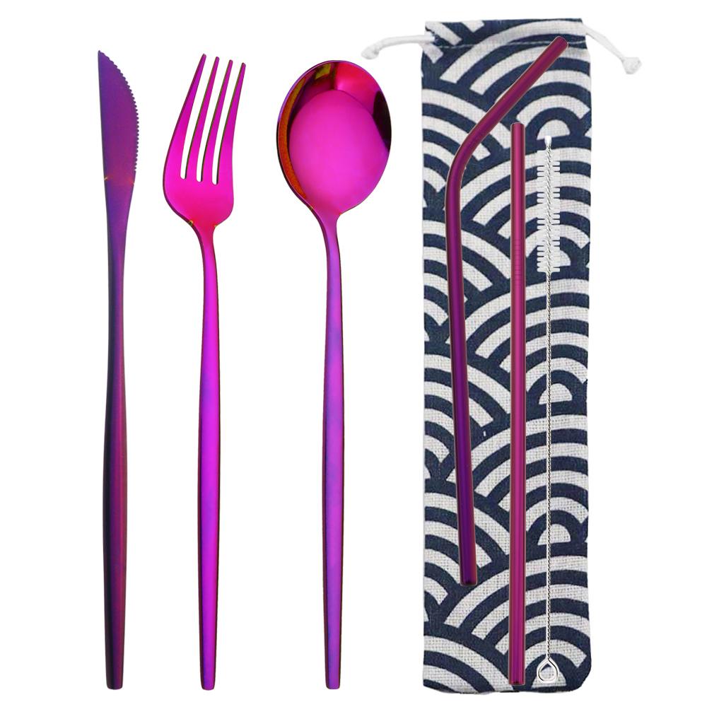 6Pcs Travel Camping Cutlery Set Travel Flatware Set Knife Fork Spoon Straw With Portable Bag Stainless Steel Tableware Set