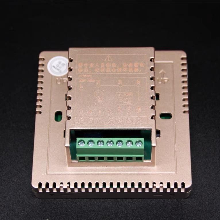 Smart WIFI touch screen thermostat with three-speed fan coil control for central air conditioning remote management.