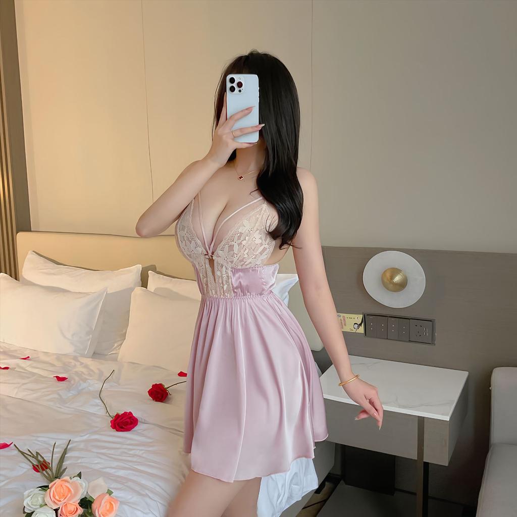 Sexy rückenfreier Spitzen-Nachthemd mit tiefem V-Ausschnitt, durchsichtiges Satin-Camisole, figurbetont, Damen, bequeme Loungewear 417, luxuriöse verführerische Nachtwäsche mit seidiger Textur