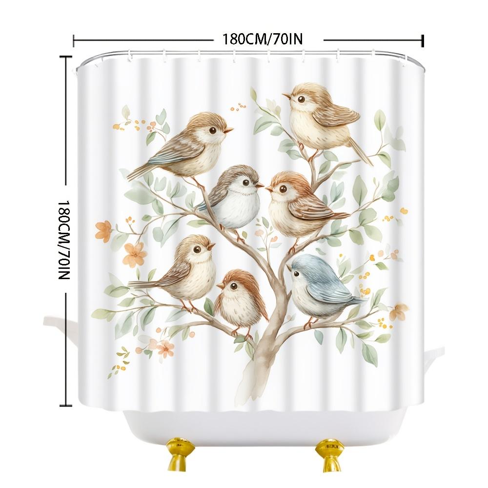 Whimsical Birds & Floral Shower Curtain - Orange Flowers, Green Leaves, Delicate Feathers, Polyester, Natural Bathroom Decor