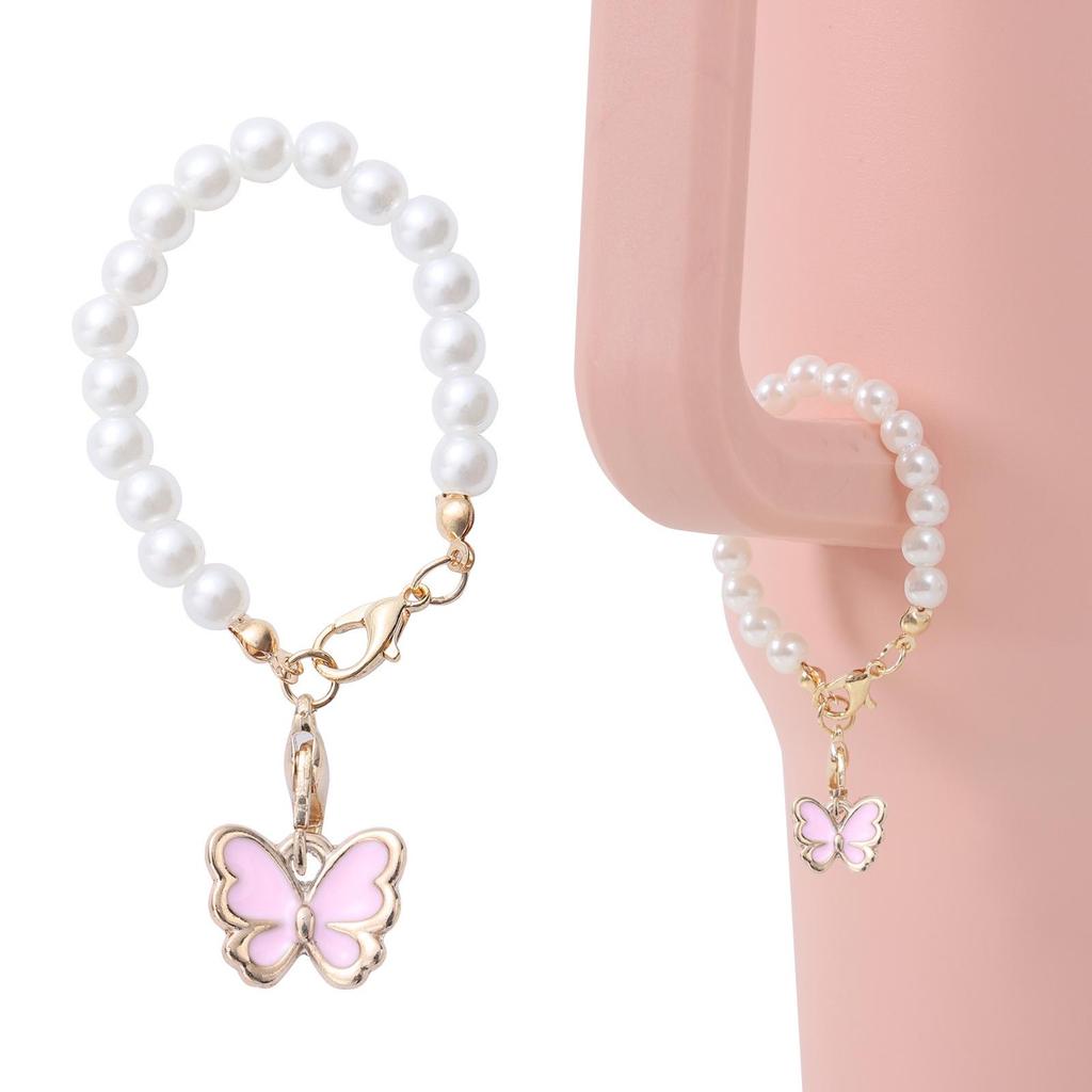 Simple Style Faux Pearl Pink Butterfly Keychain with Stanley Pendant