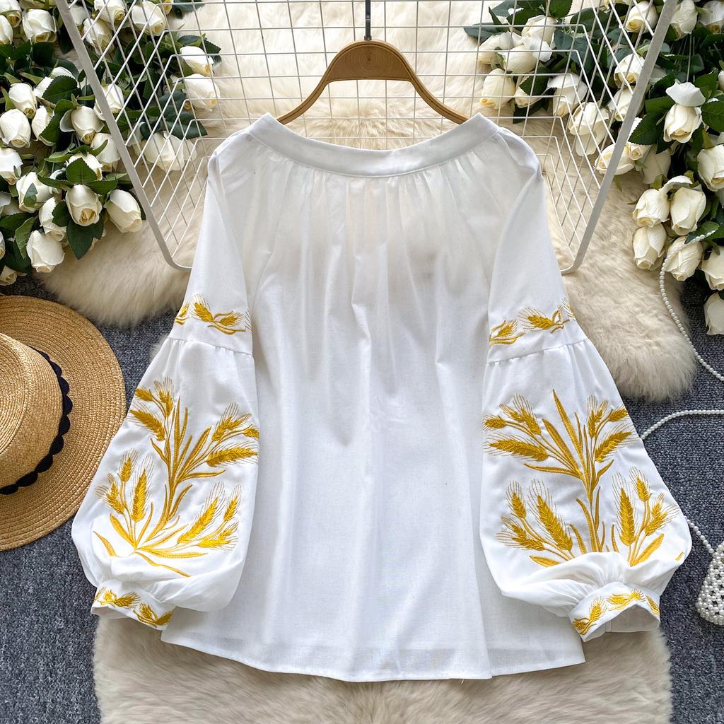 Fashion Blouse for Women Lantern Sleeve Loose Bandage Shirts Vintage Embroidery Spring Blouses Tops