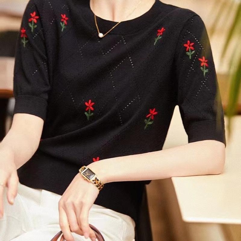 

Модный универсальный вязаный свитер с цветочной вышивкой и ромбами, короткий рукав, женская летняя свободная и облегающая футболка XL чёрный