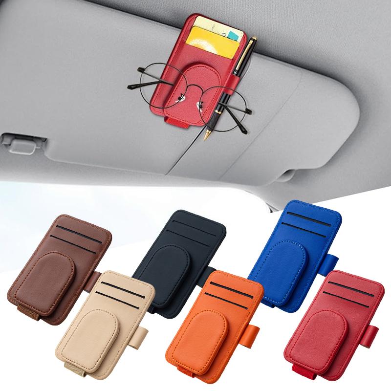 Multifunctional Pu Leather Car Sun Visor Glasses Holder Creative Sunshade Sunglasses Storage Case Magnetic Clip Pen Card Holder