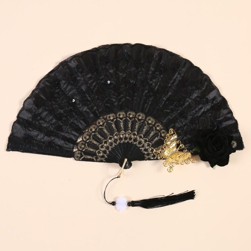 Ventaglio da Danza Gotico Decorato con Paillettes Ventaglio da Danza Flamenco Ricamato Ventaglio Portatile Spagnolo alla Moda