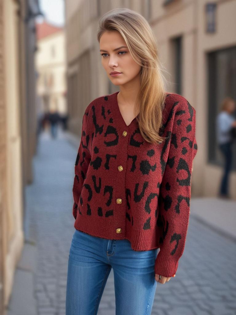 Autumn and winter new leopard print short sweater women's cross-border V-neck casual knitted cardigan top 3580 KTB