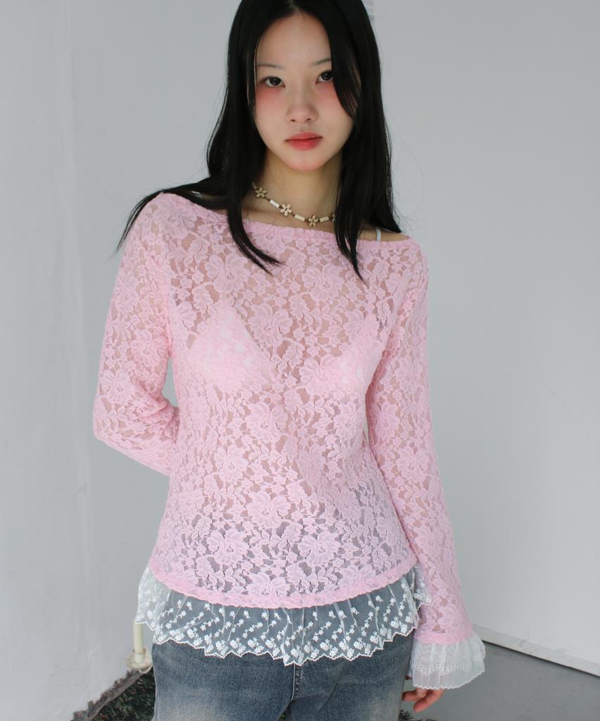 RUBATI Sofia Boat Neck Frill Lace Long Sleeve T-Shirt_Pink