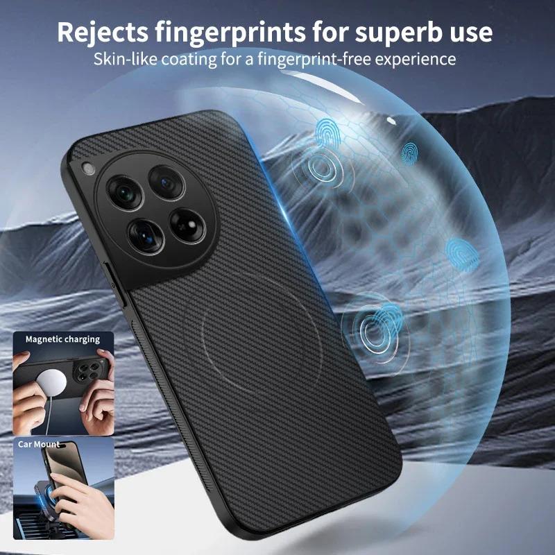 Carbon Fiber Pattern PU Leather Silicone Phone Case For OnePlus 13 12 11R Magnetic Wireless Charging Soft Back Cover Cases