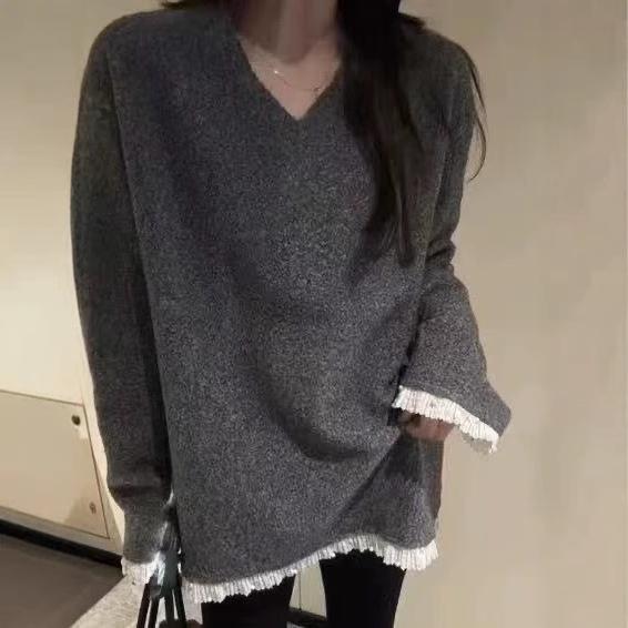 Women's Korean V-Neck Mid-Length Knit Sweater - Autumn/Winter 2024, Casual Loose Fit, Slimming, Soft & Fluffy.