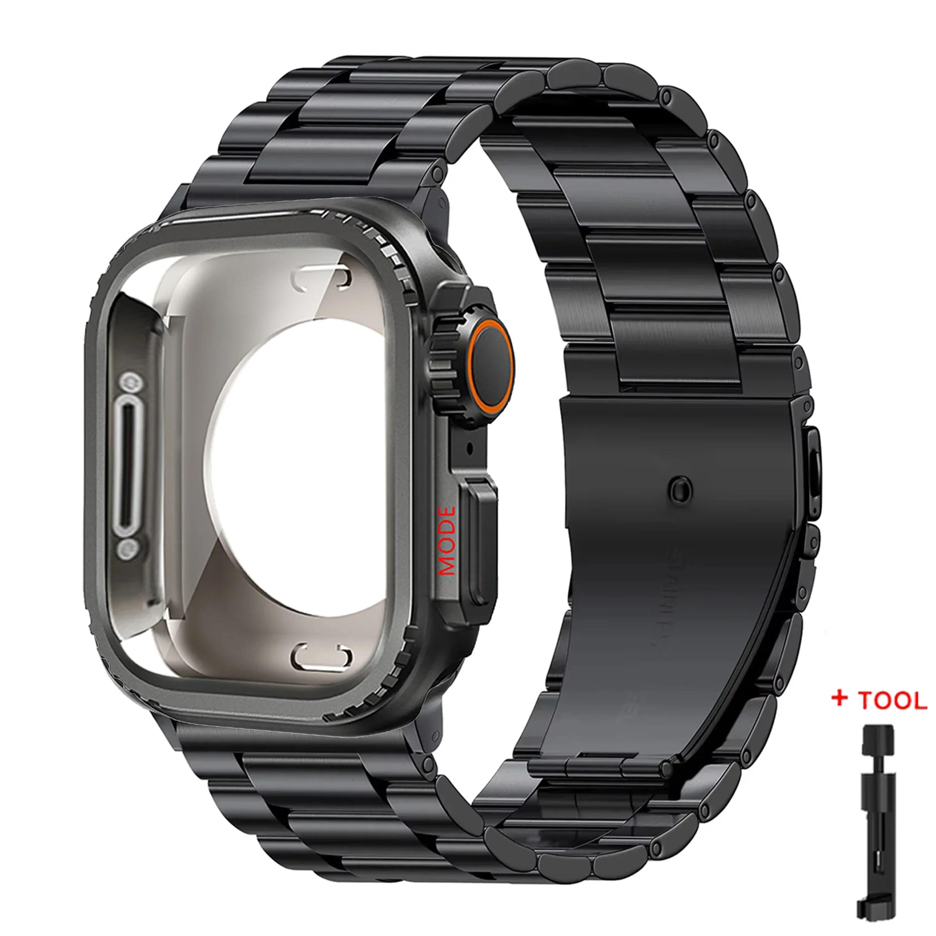 

Чехол+Ремешок для Apple Watch Ultra 2 Ремешок 49мм 46мм 42мм 45мм 44мм Браслет из нержавеющей стали IWatch Серии 10 9 8 7 SE Металлический Чехол For Series6SE54 44mm чёрный