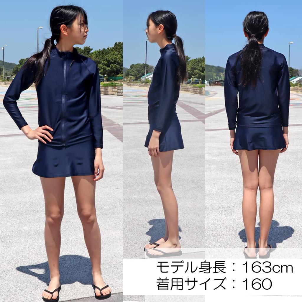 Long Sleeve School Rash Guard, Zip-Up, Unisex, for Kids and Juniors, Cross-002 (Navy, Size 130)