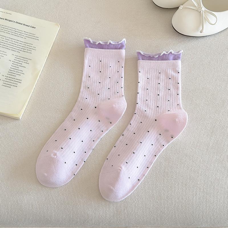 Sock - Spring/Summer Mesh Thin Style Mid-Calf Tube Socks in Colorful Lace with Cute Dots and Pure Cotton Layered Socks