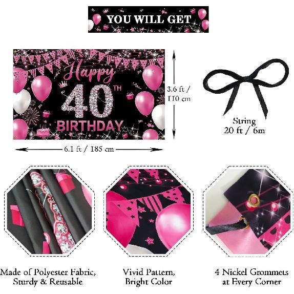Fabric 40th Birthday Banner Backdrop Hot Pink, Happy 40th Birthday Decoration for Women, 40 Year Old Birthday Party Yard Sign Photo Props Decor
