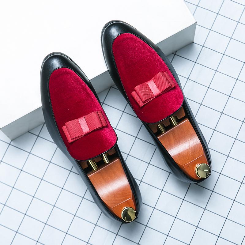 Fashion Loafers Men Slip on Red Moccasins Mens pointed Toe Leather Shoes Bow Tie Fashion Casual Shoes Wedding Evening Dress Prom Shoes