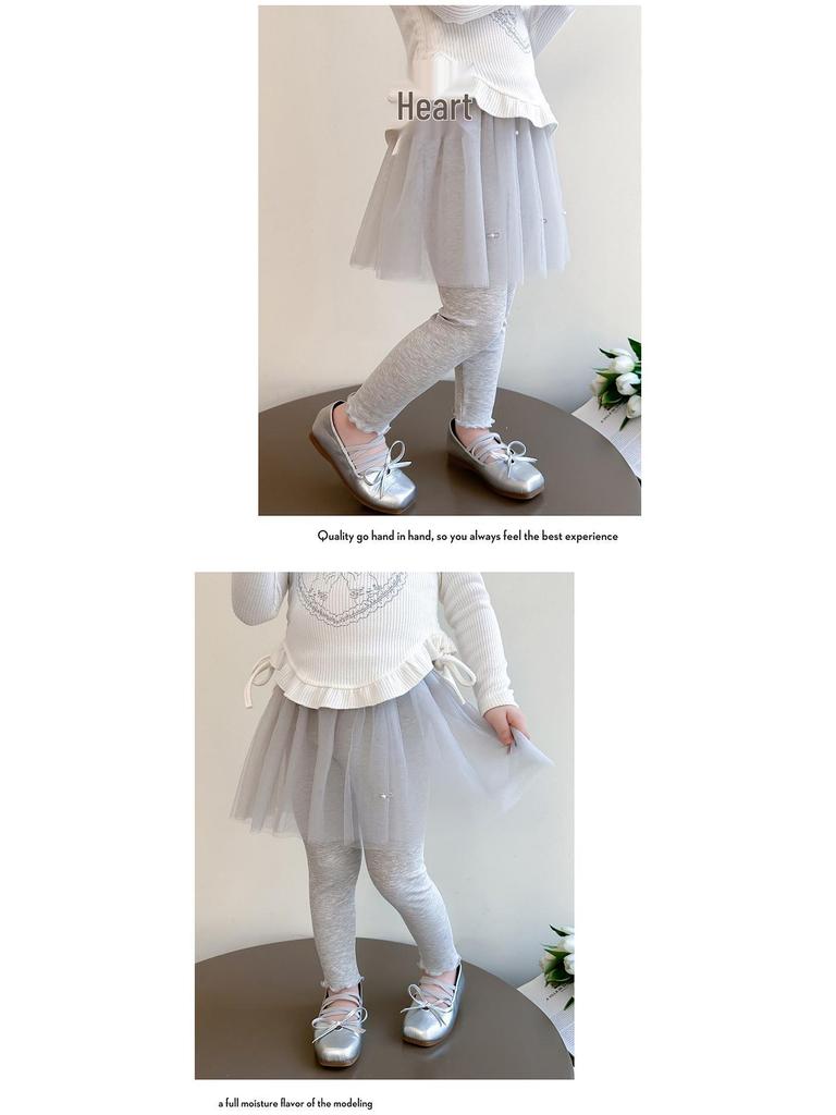 Pantalon en maille pour filles Printemps & Automne avec Jupe en Gaze Perle - Leggings Élégants Deux-en-Un pour Bébés Filles