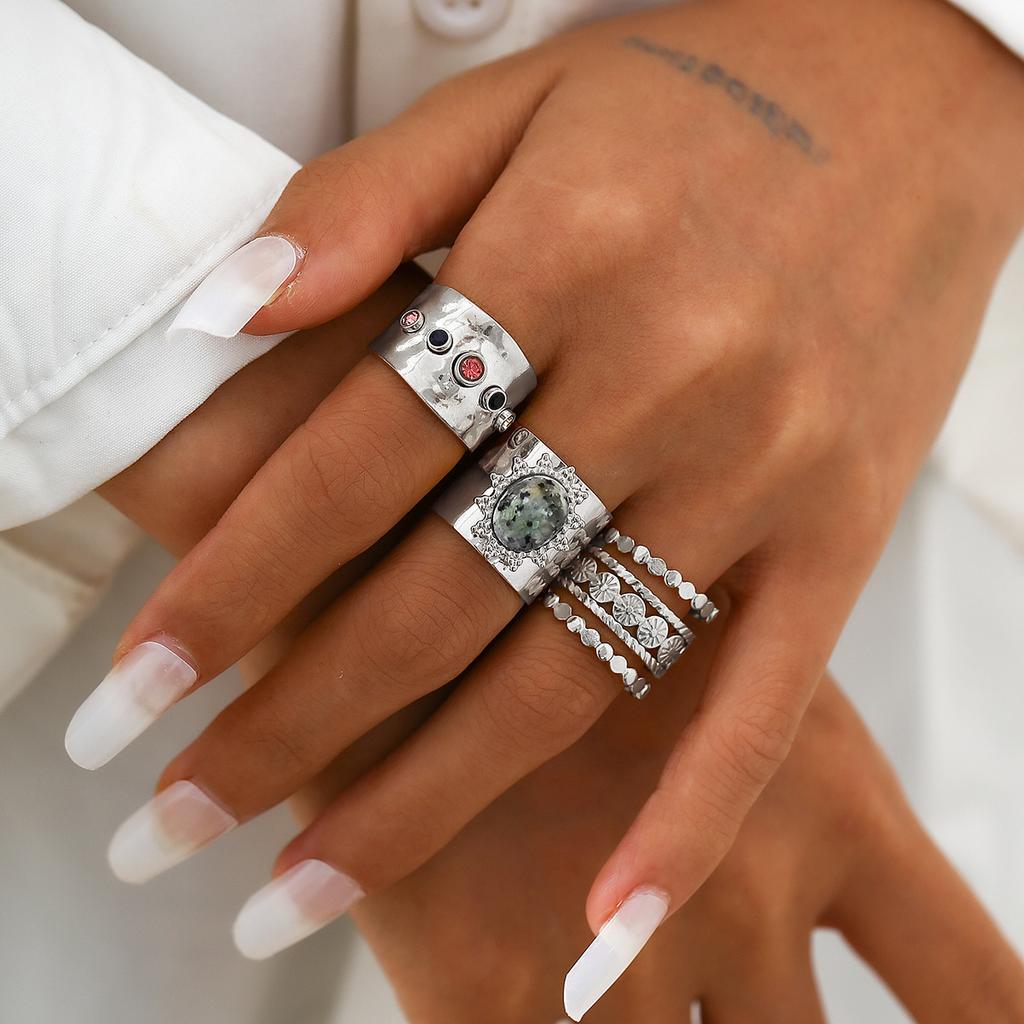 Vintage Punk Diamond Wide Face Ring Set Female, Personalized Metal Hollow Open Ring Ring