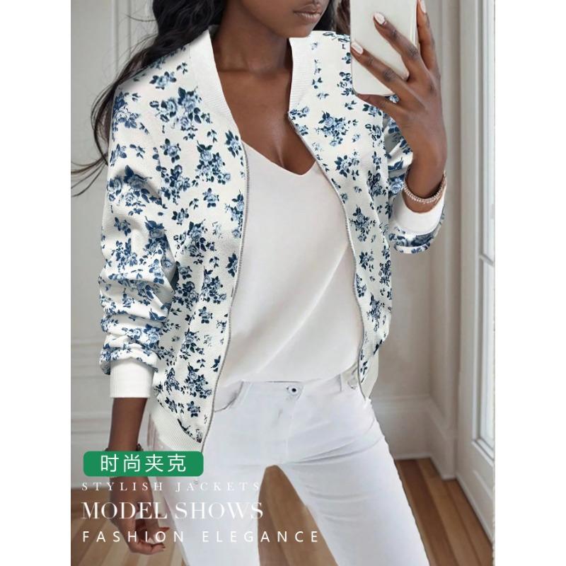 Women S Zip Up Printed Turn Down Collar Jacket Casual Commute Outerwear