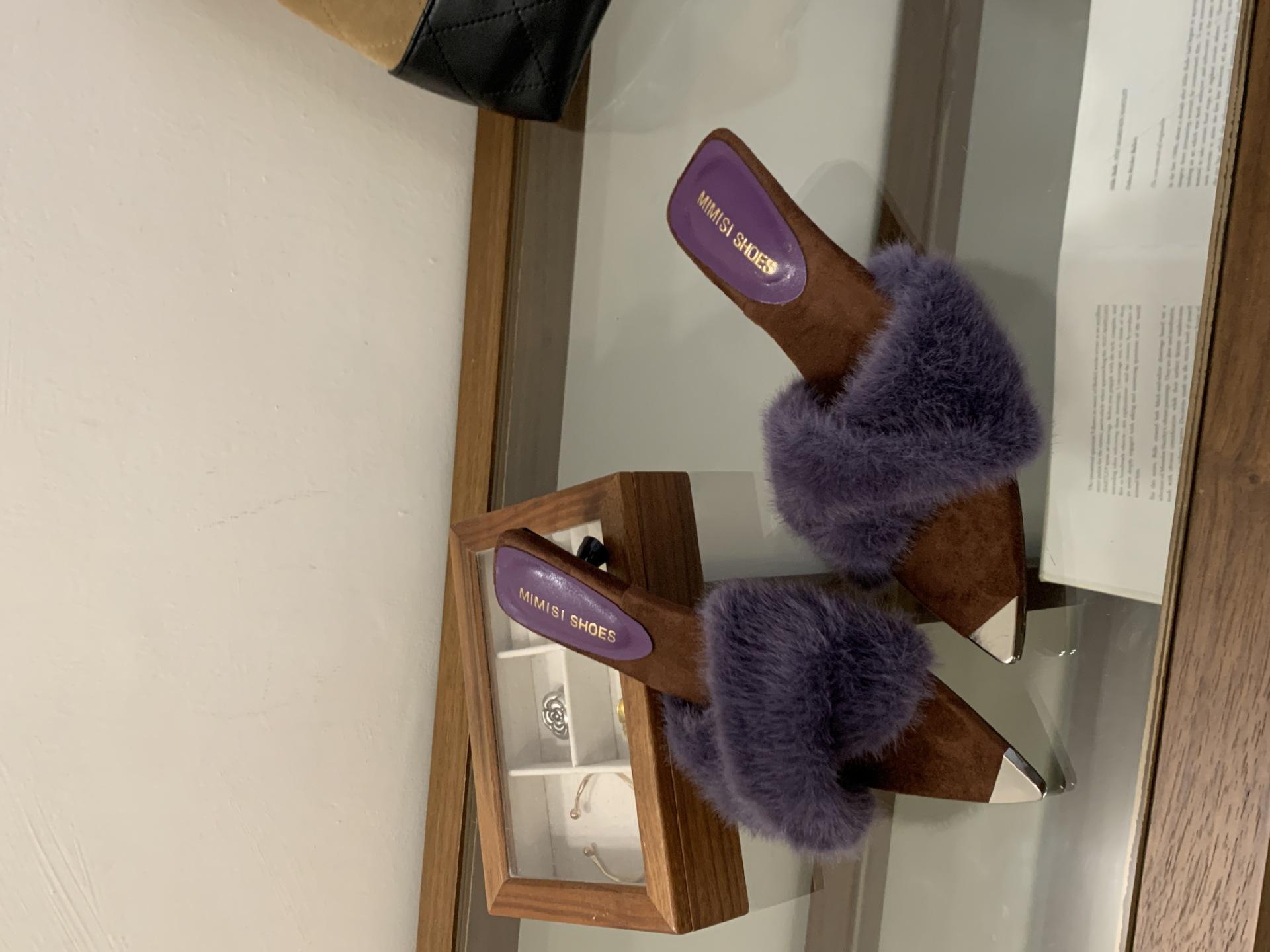 

2025 autumn and winter new European and American pointed thin heel metal pointed mink hair cross slippers 39 фіолетовий