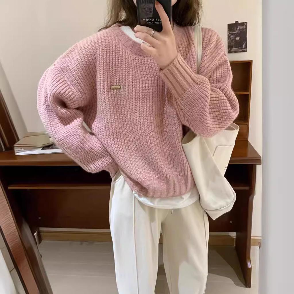 Autumn and Winter Women's Solid Color Pullover Sweater Loose Round Neck Knitted Sweater Base Top