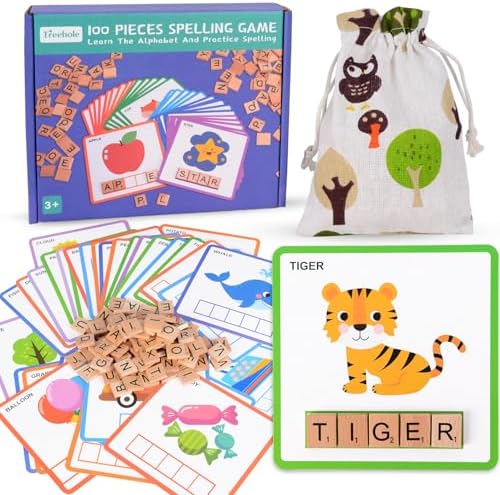 Montessori Alphabet Learning Toy Set for Kids Ages 3-7, Spelling Game with 100 Wooden Letters, 30 Double-Sided Cards & Storage Bag, Educational Gift