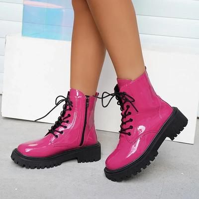 2024 Moda Rosa Stivali da Motociclista Donna Pelle Pu Piattaforma Stivaletti Donna Autunno Inverno Taglie Forti Scarpe con Lacci bota