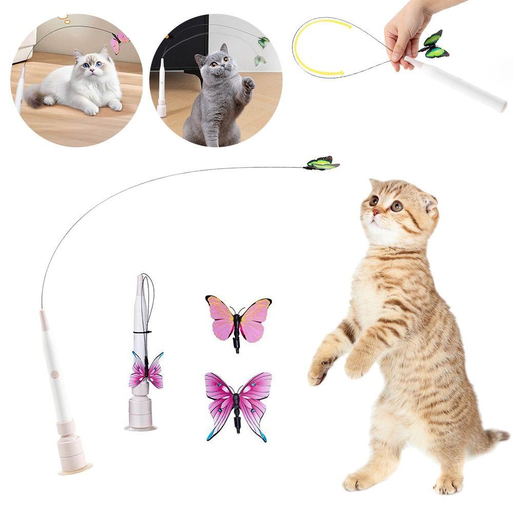 Switchable Butterfly Pattern Cat Teasing Stick Interactive Removable Handle Automatic Cat Teaser 360° Swivel
