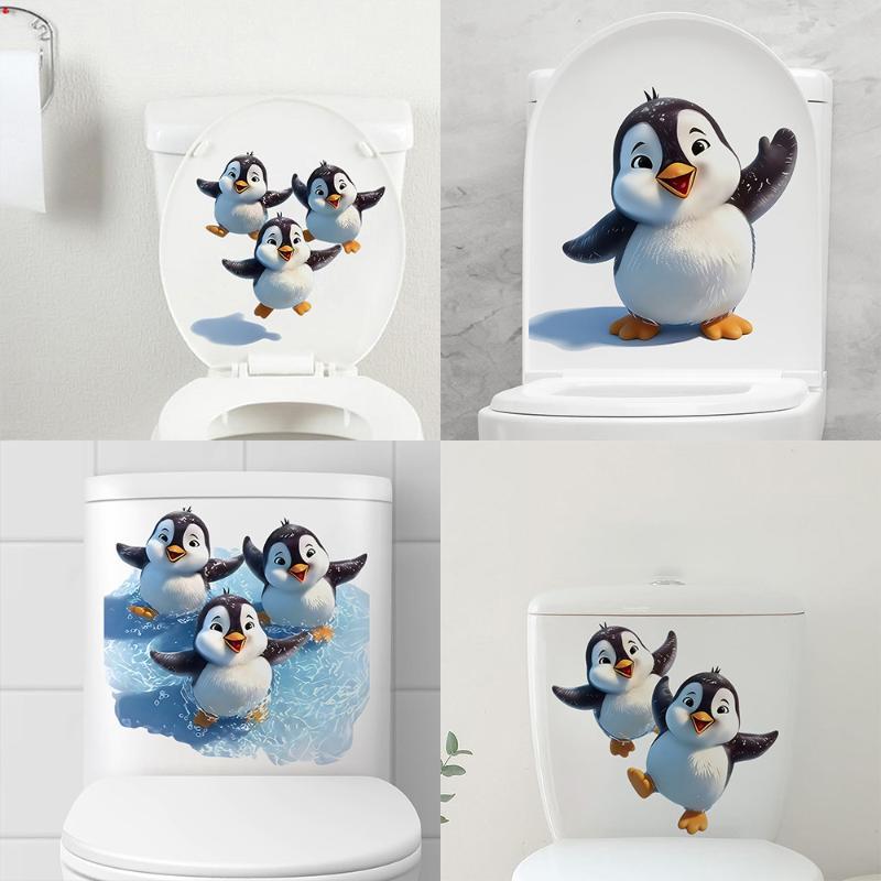 Cute Cartoon Penguin Toilet Lid Stickers Waterproof Self Adhesive For Home Bathroom Decor Diy