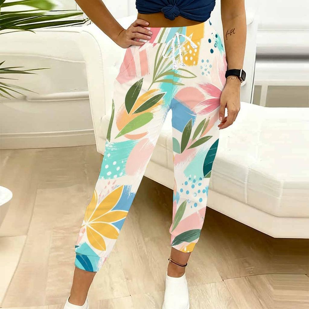 Women Plus Size Colorful Printed Jogger Pants Drawstring Waist Side Pockets Cuffed Ankle