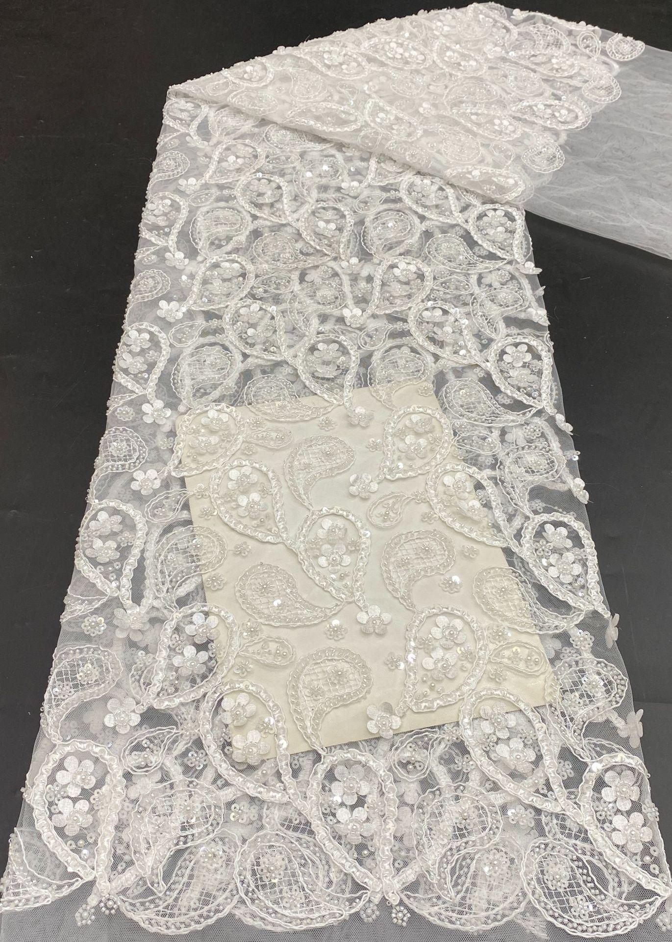 Corded lace + laser floral bead embroidery + sequin embroidery wedding dress beaded fabric белый