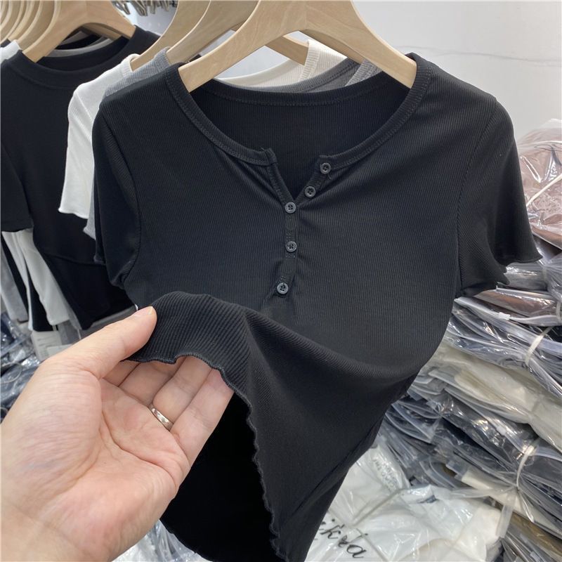 

Европейский дизайн с коротким рукавом, женская летняя новая рубашка с высокой талией и эластичной нижней частью, топы L чёрный